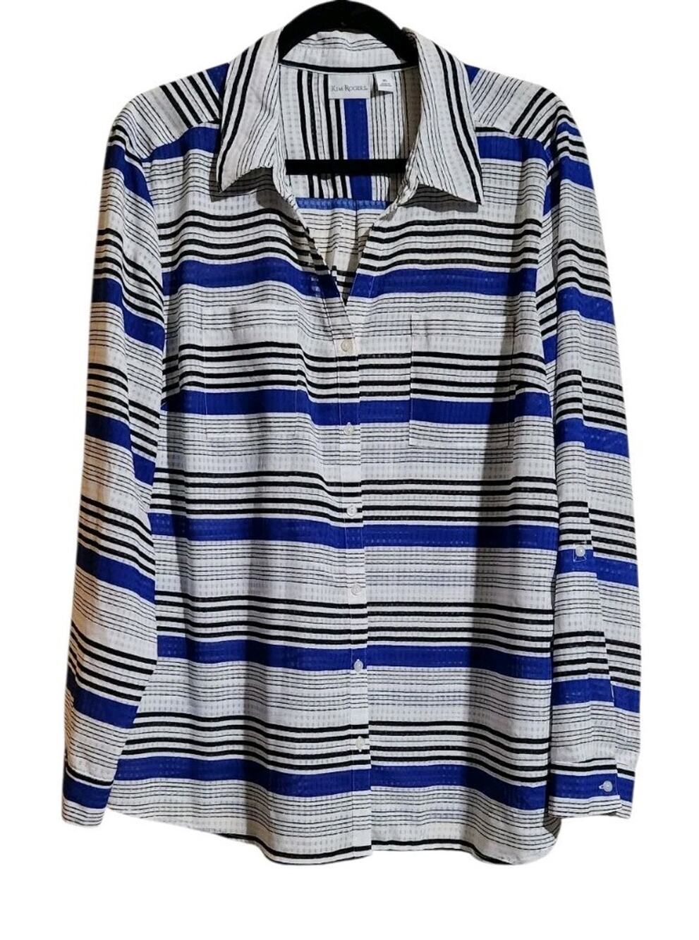 Kim Rogers Long Sleeve Button Up White Blue Black Striped Women's Size XL Career